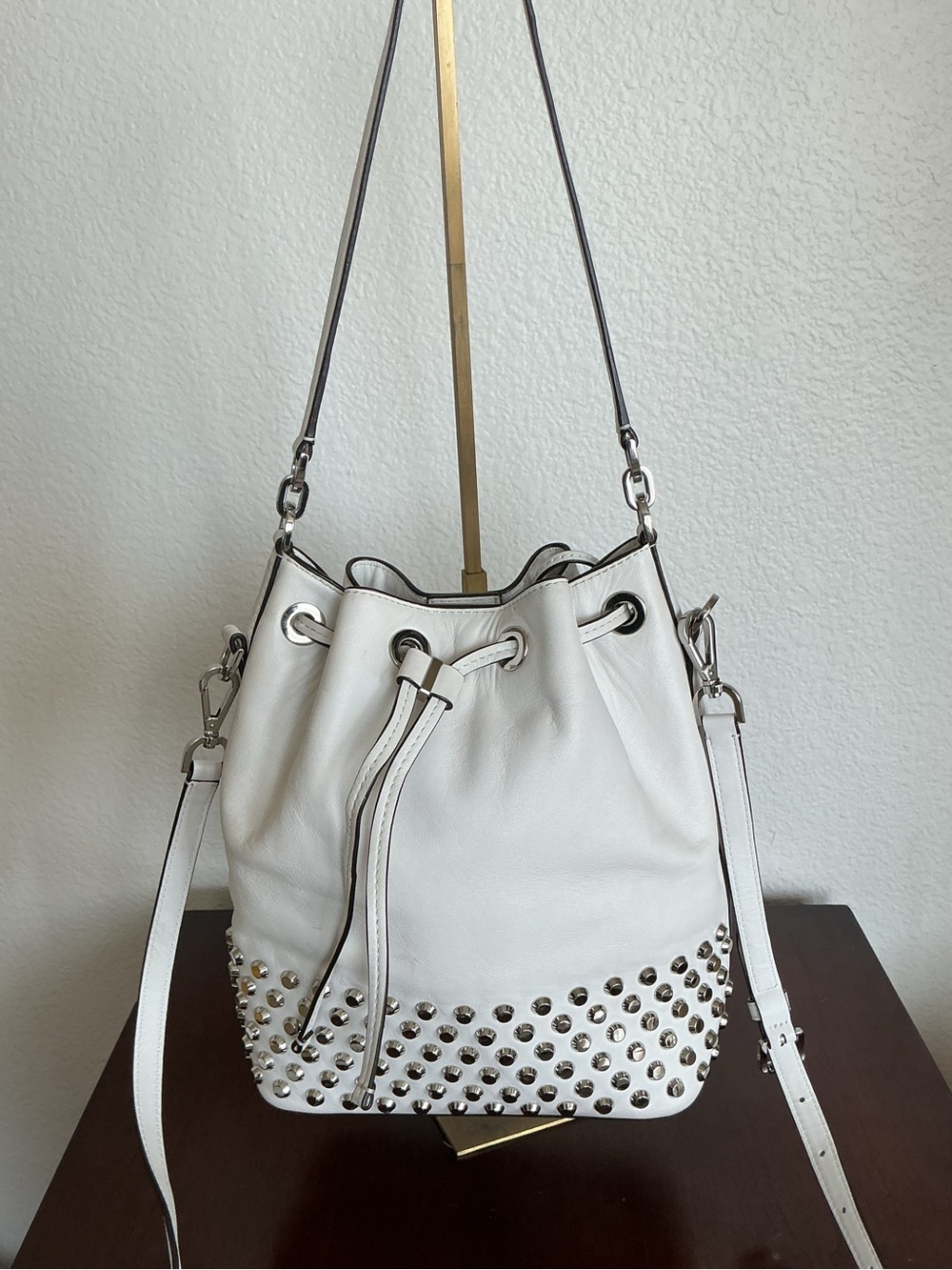 Michael Kors White Leather Studded Bucket Crossbody Bag